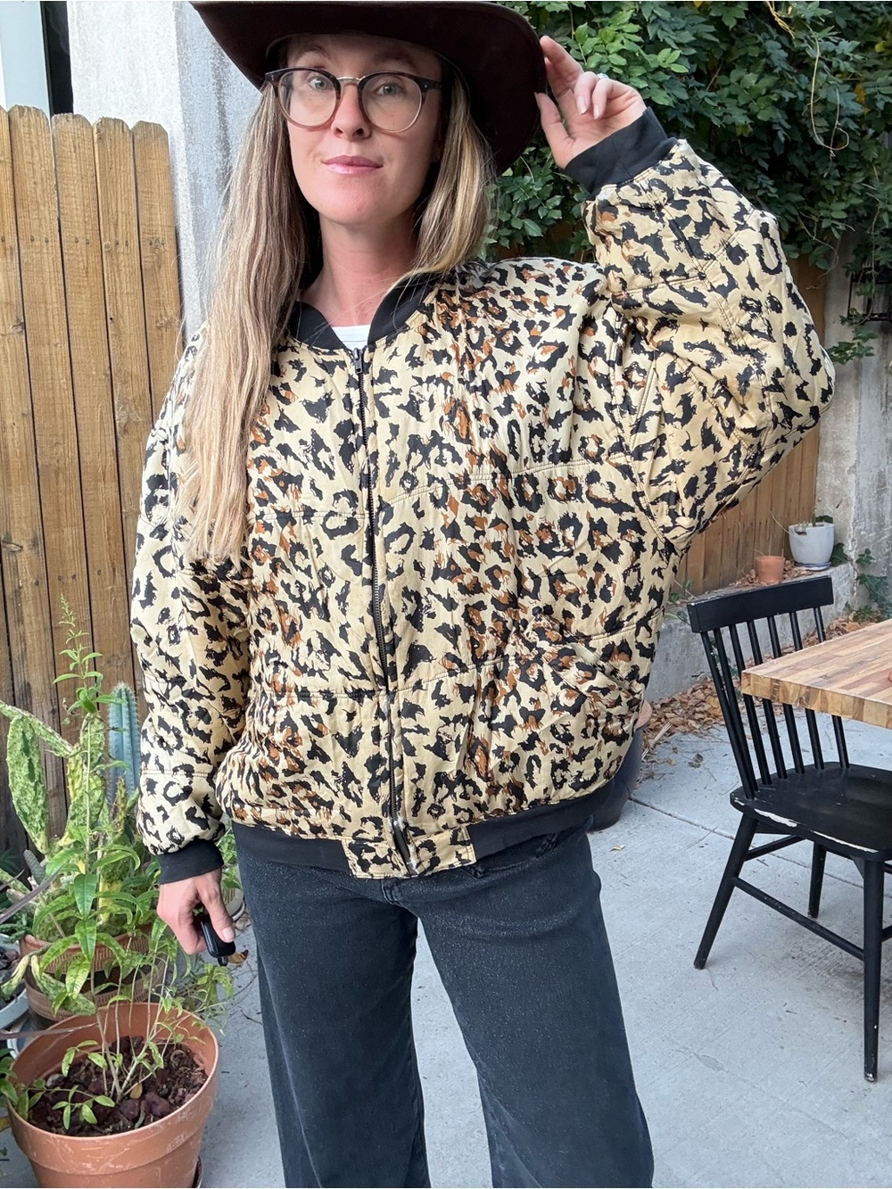 Clio Leopard Print Quilted Vintage Bomber Jacket - Tan & Black